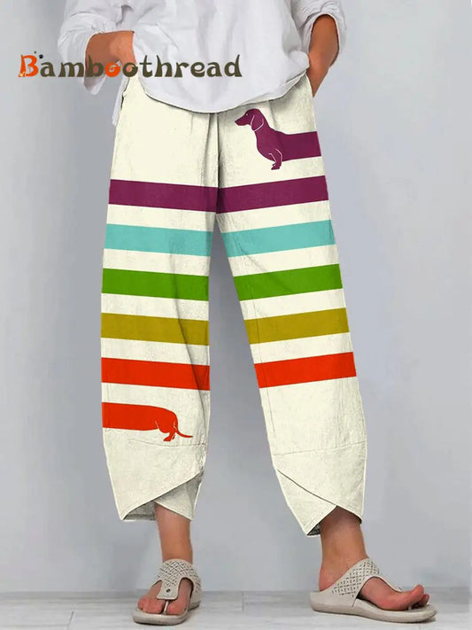 Women’s Funny Dachshund Art Print Linen Pants As picture / S