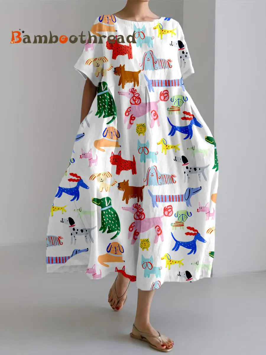 Women’s Funny Dog Art Print Linen Dress White / S