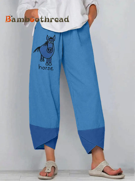 Women’s Funny Horse Print Linen Pants Blue / S