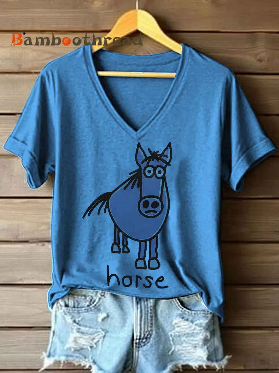 Women’s Funny Horse Print V-Neck T-Shirt Blue / S