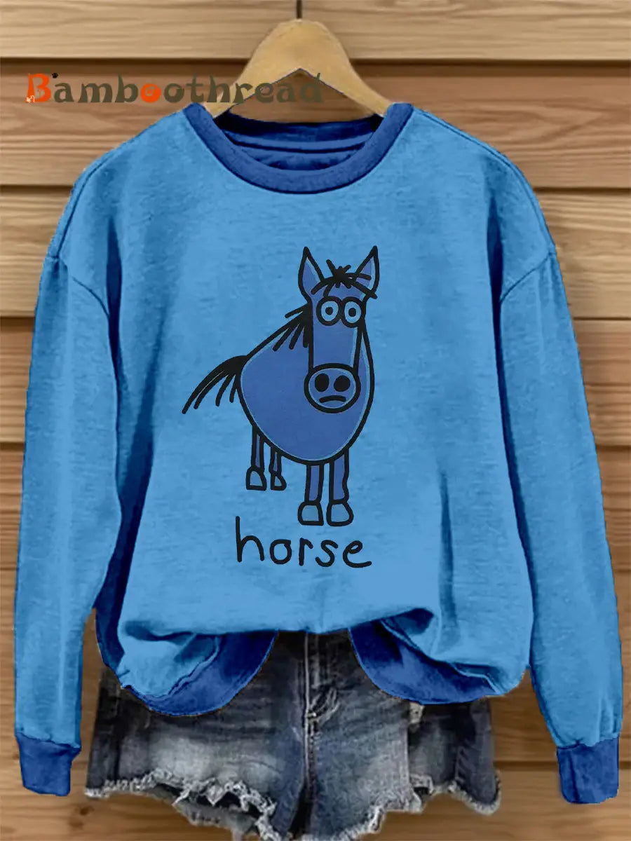 Women’s Funny Horse Print Vintage Sweatshirt Blue / S