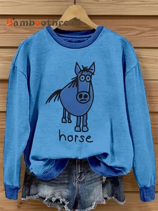 Women’s Funny Horse Print Vintage Sweatshirt Blue / S