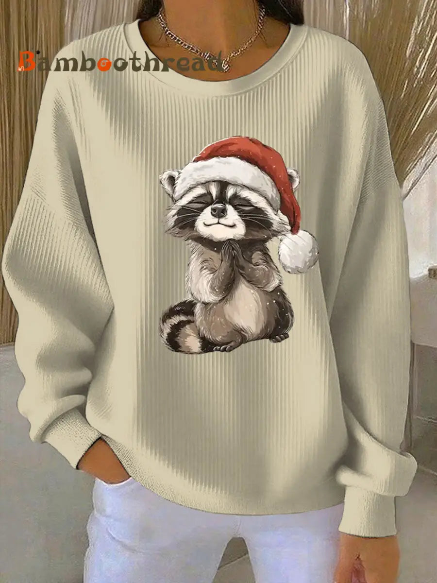 Women’s Funny Raccoon Christmas Ribbed Round-Neck Sweatshirt Apricot / S