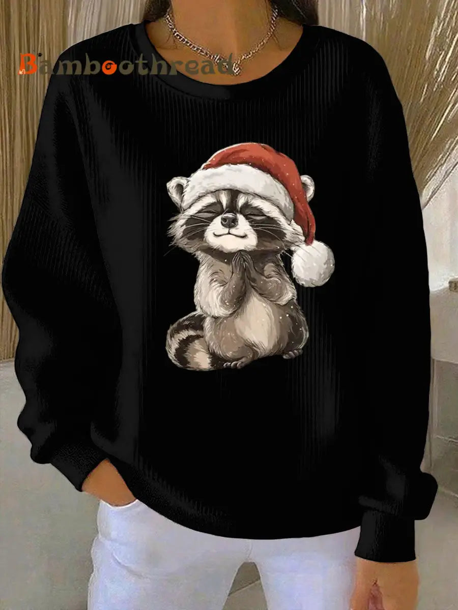 Women’s Funny Raccoon Christmas Ribbed Round-Neck Sweatshirt Black / S