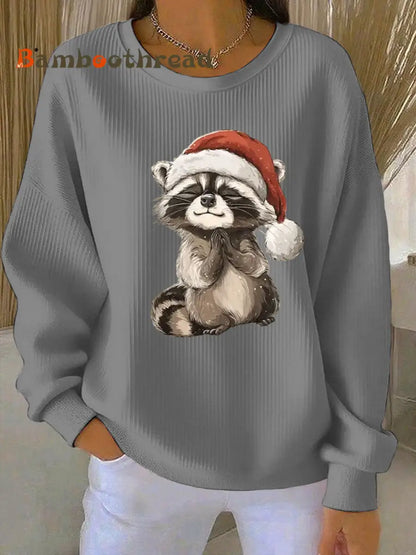 Women’s Funny Raccoon Christmas Ribbed Round-Neck Sweatshirt Gray / S