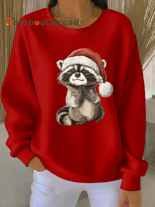 Women’s Funny Raccoon Christmas Ribbed Round-Neck Sweatshirt Red / S