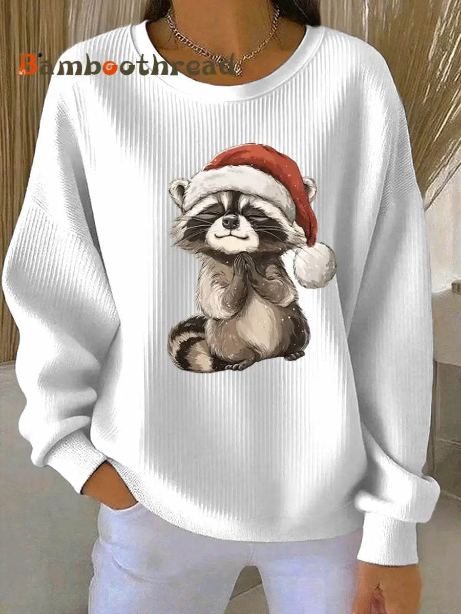 Women’s Funny Raccoon Christmas Ribbed Round-Neck Sweatshirt White / S