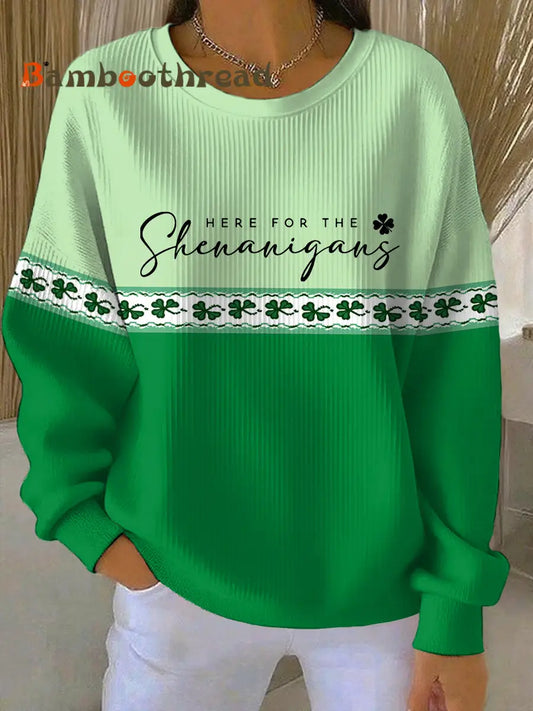 Women’s Funny St Patrick’s Day Here For The Shenanigans Shamrocks Print Casual Sweatshirt Green / S