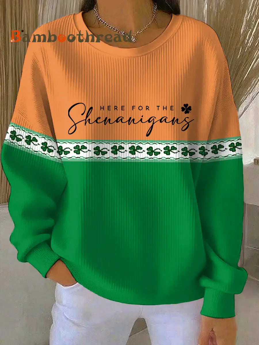 Women’s Funny St Patrick’s Day Here For The Shenanigans Shamrocks Print Casual Sweatshirt Orange / S