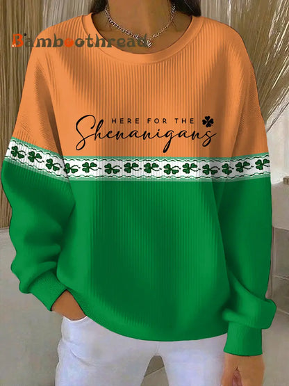 Women’s Funny St Patrick’s Day Here For The Shenanigans Shamrocks Print Casual Sweatshirt Orange / S