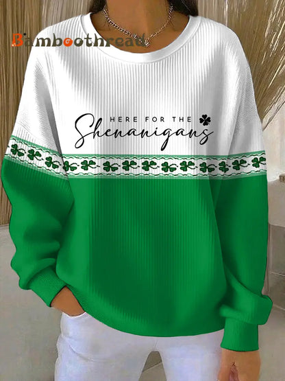 Women’s Funny St Patrick’s Day Here For The Shenanigans Shamrocks Print Casual Sweatshirt White / S