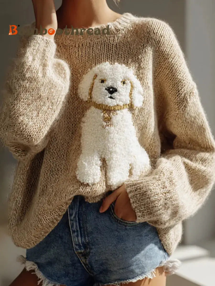 Women’s Fuzzy Dog Felt Cozy Knit Sweater As picture / S