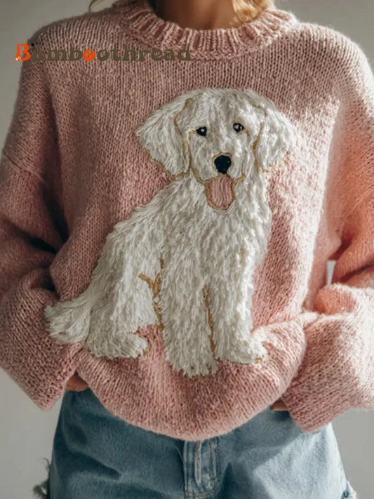 Women’s Fuzzy Goldendoodles Dog Felt Cozy Knit Sweater Pink / S
