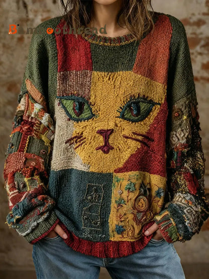 Women’s Geometric Cat Print Vintage Tops As picture / S