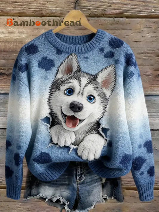 Women’s Gradient Fun Husky Dog Pattern Women’s Cozy Sweater As picture / S