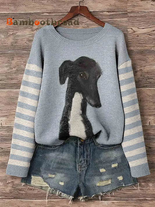 Women’s Greyhound Dog Art Print Crew Neck sweater Gray-Blue / S