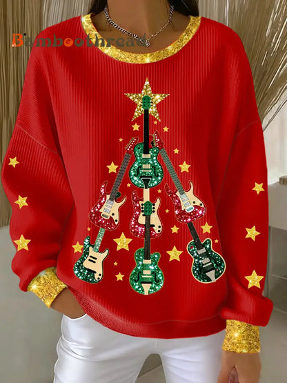 Women’s Guitar Christmas Tree Art Print Ribbed Round-Neck Sweatshirt Red / S