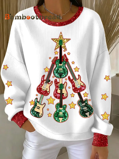 Women’s Guitar Christmas Tree Art Print Ribbed Round-Neck Sweatshirt White / S