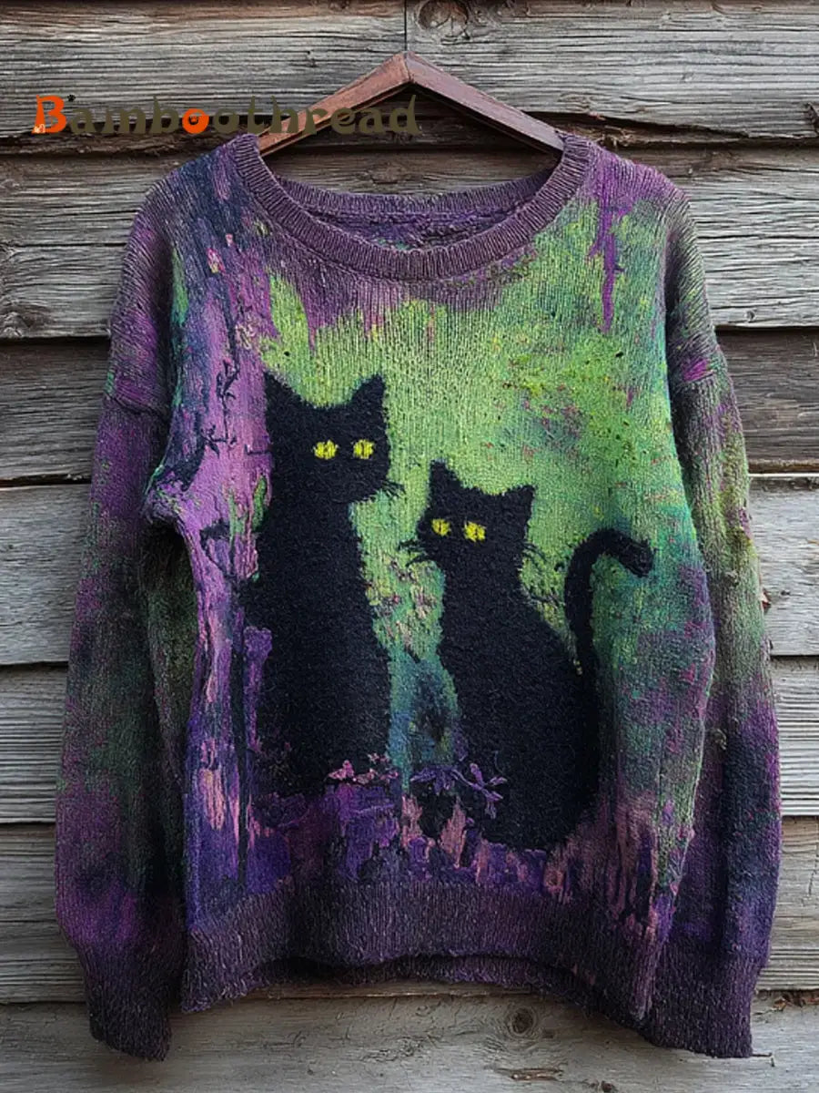 Women’s Halloween Black Cat Color Clash Knitted Sweater As picture / S