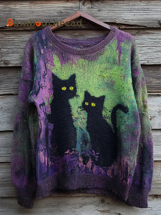 Women’s Halloween Black Cat Color Clash Knitted Sweater As picture / S