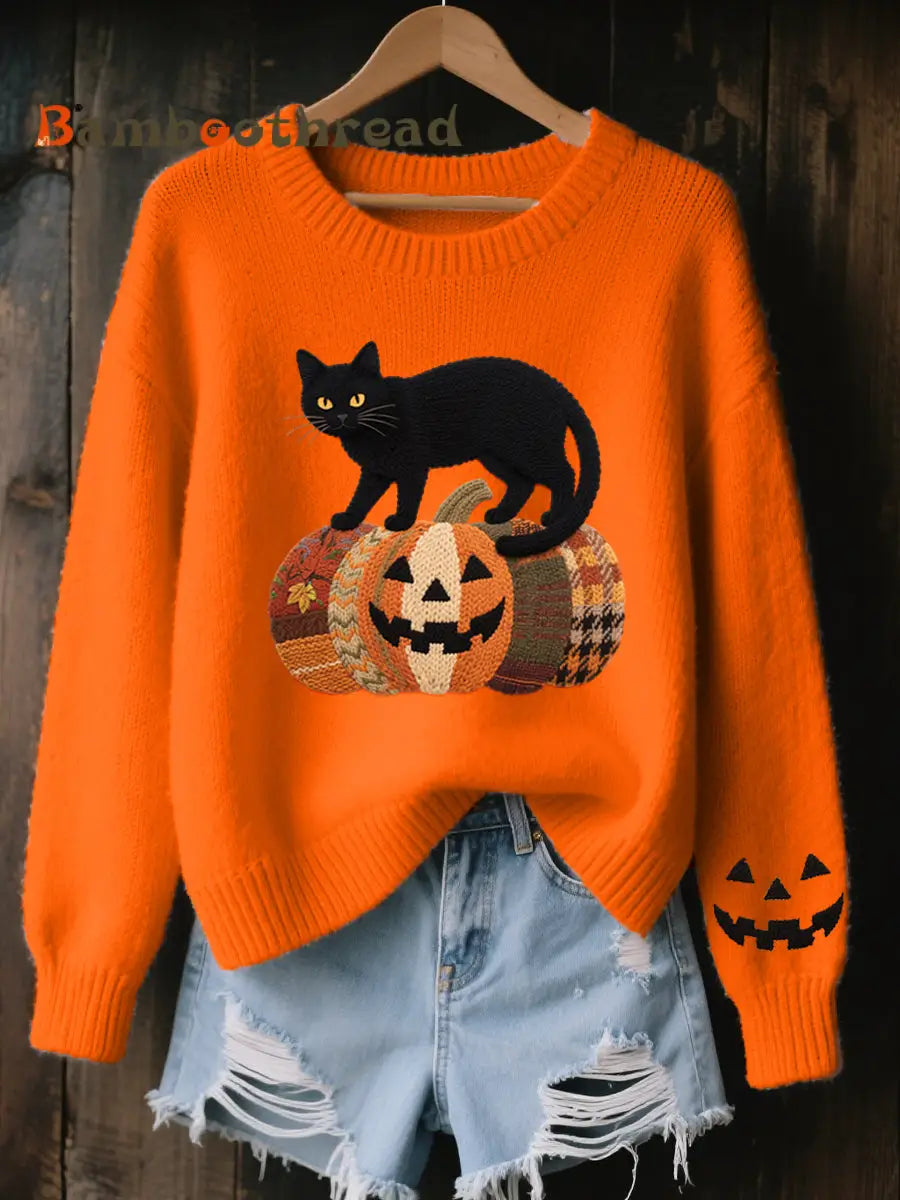 Women’s Halloween Black Cat Embroidered Cozy Knit Sweater Orange / S