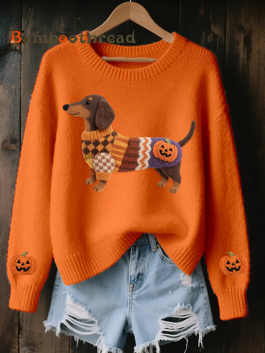 Women’s Halloween Inspired Dachshund Felt Art Cozy Knit Sweater Orange / S