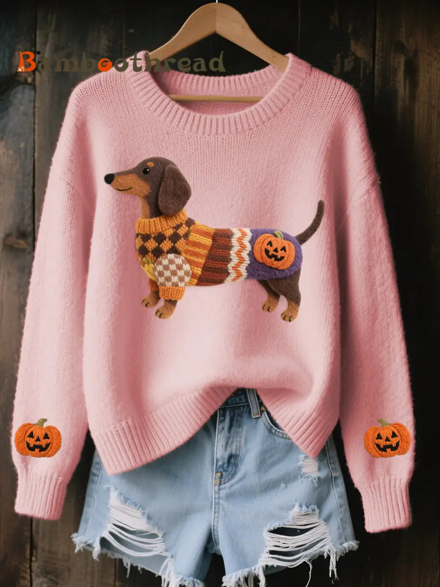 Women’s Halloween Inspired Dachshund Felt Art Cozy Knit Sweater Pink / S