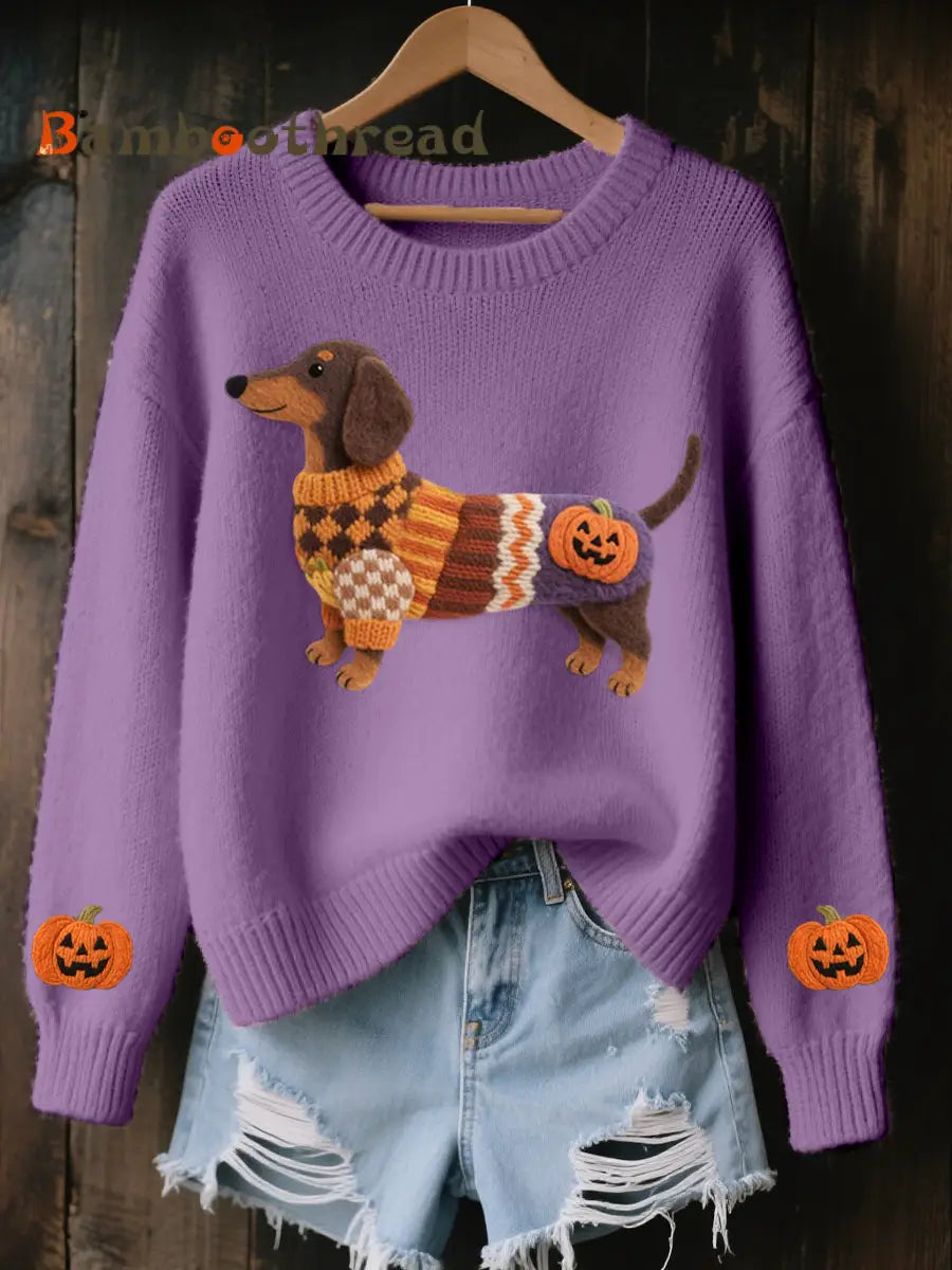 Women’s Halloween Inspired Dachshund Felt Art Cozy Knit Sweater Purple / S