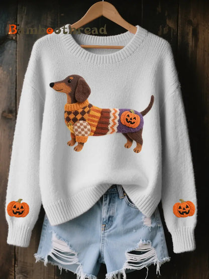 Women’s Halloween Inspired Dachshund Felt Art Cozy Knit Sweater White / S