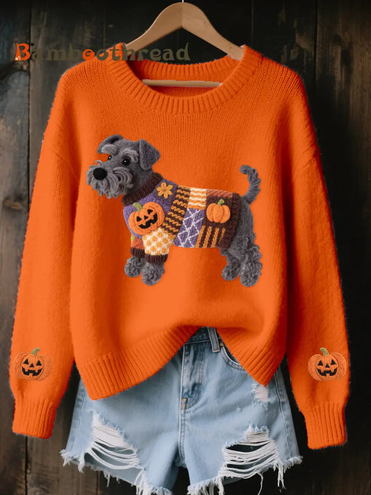 Women’s Halloween Inspired Schnauzer Dog Felt Art Cozy Knit Sweater Orange / S