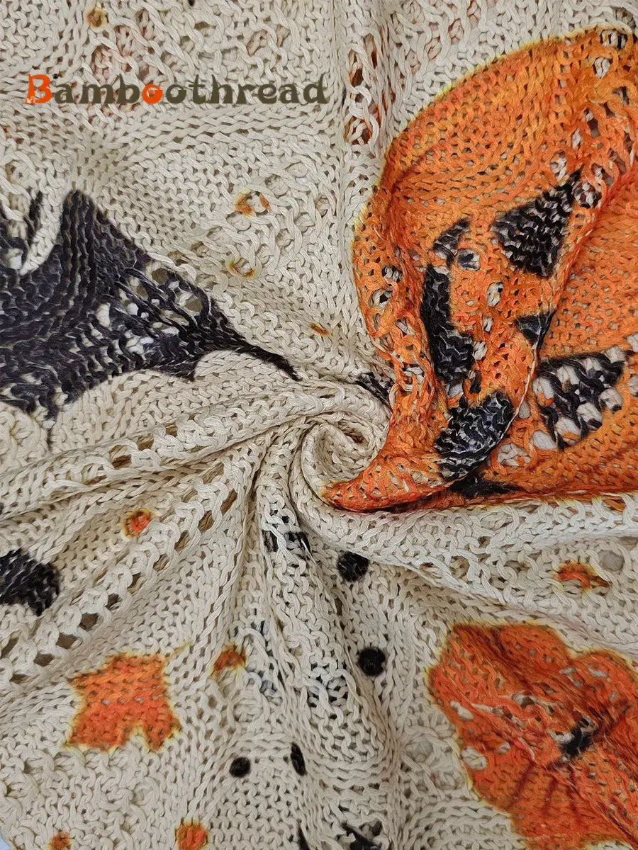 Women’s Halloween Pumpkin Bats Print Casual Loose Hollow Sweater