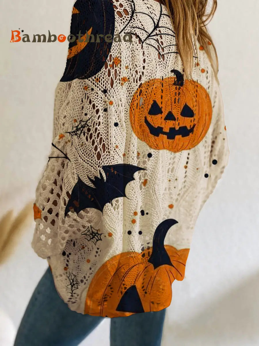 Women’s Halloween Pumpkin Bats Print Casual Loose Hollow Sweater