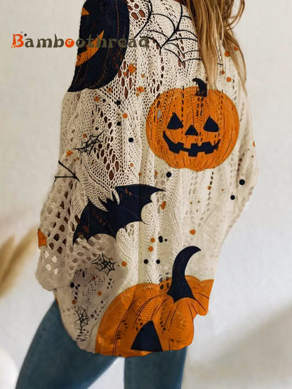 Women’s Halloween Pumpkin Bats Print Casual Loose Hollow Sweater