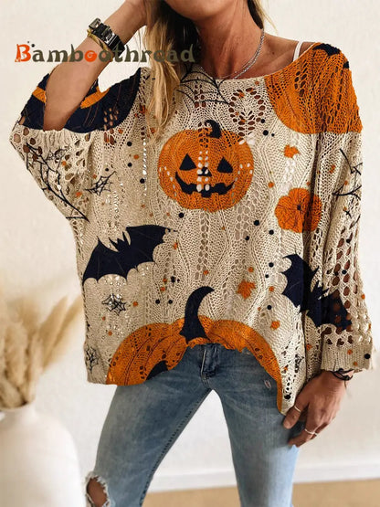 Women’s Halloween Pumpkin Bats Print Casual Loose Hollow Sweater As picture / S