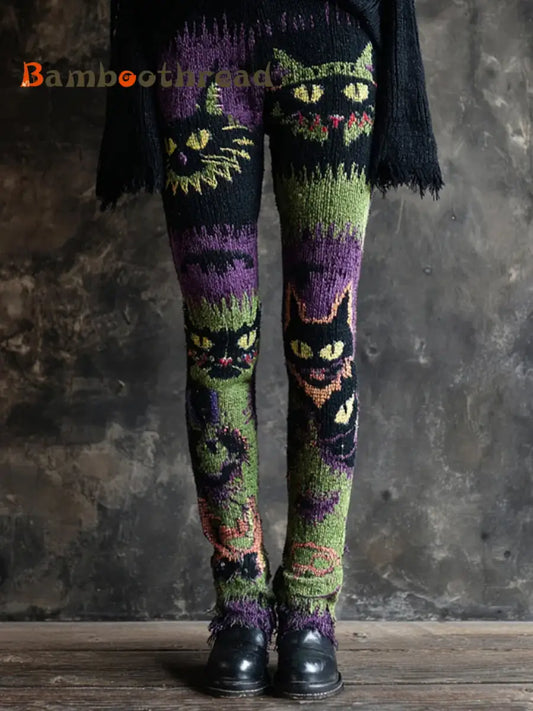 Women’s Halloween Spooky Cat Embroidered Knit Leggings Purple / S