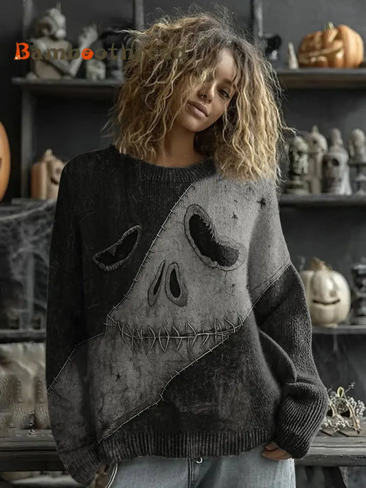 Women’s Halloween Spooky Face Stitched Print Sweater Dark Grey / S