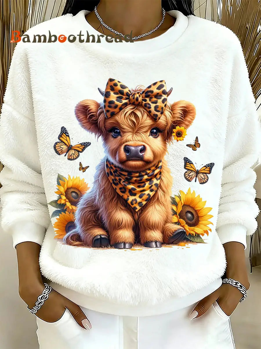 Women’s Highland Cow Animal Print Flannel Warm Sweatshirt A / S
