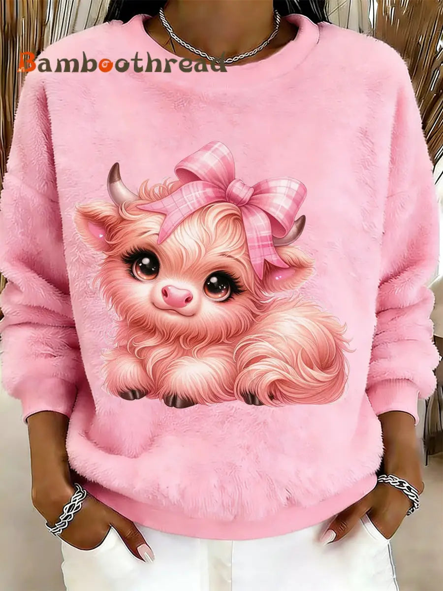 Women’s Highland Cow Animal Print Flannel Warm Sweatshirt A / S