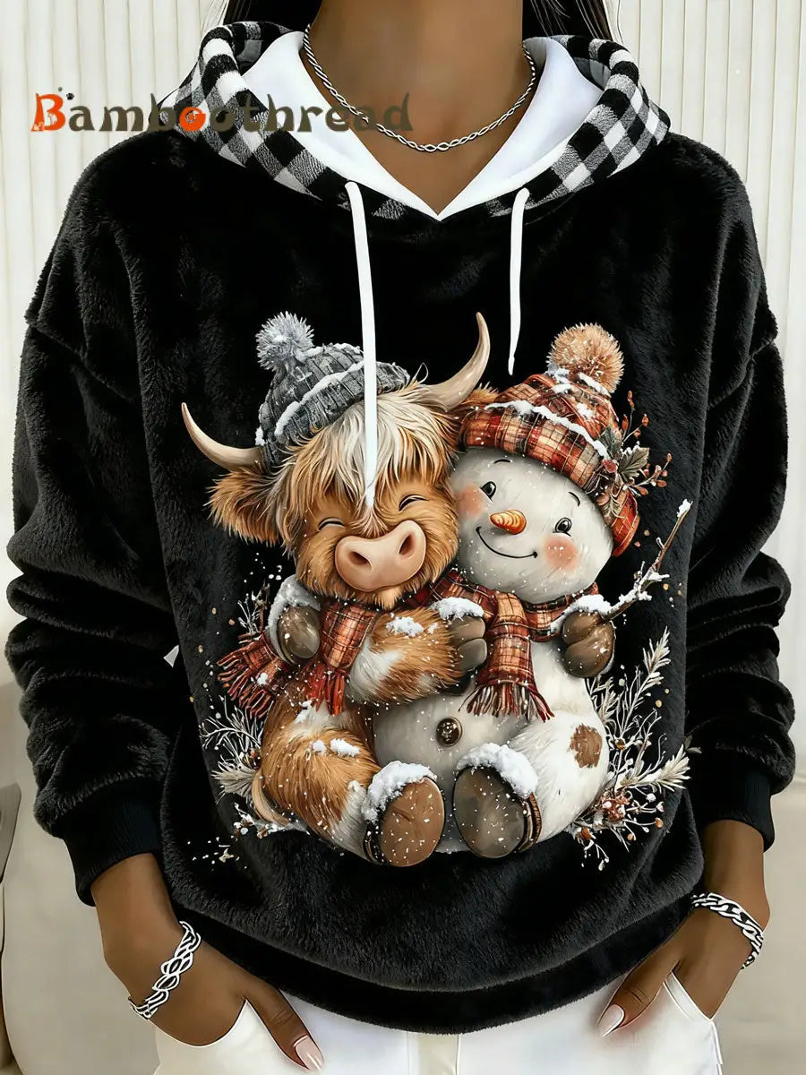 Women’s Highland Cow Art Print Casual Hoodie Black / S