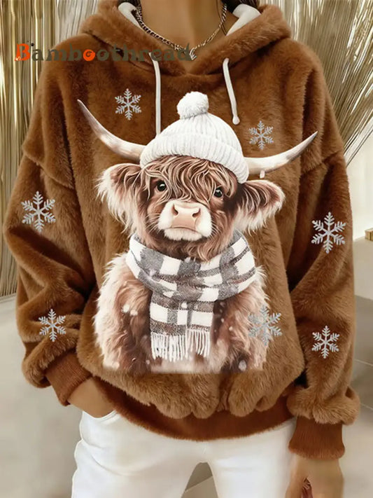 Women’s Highland Cow Art Print Casual Hoodie Brown / S