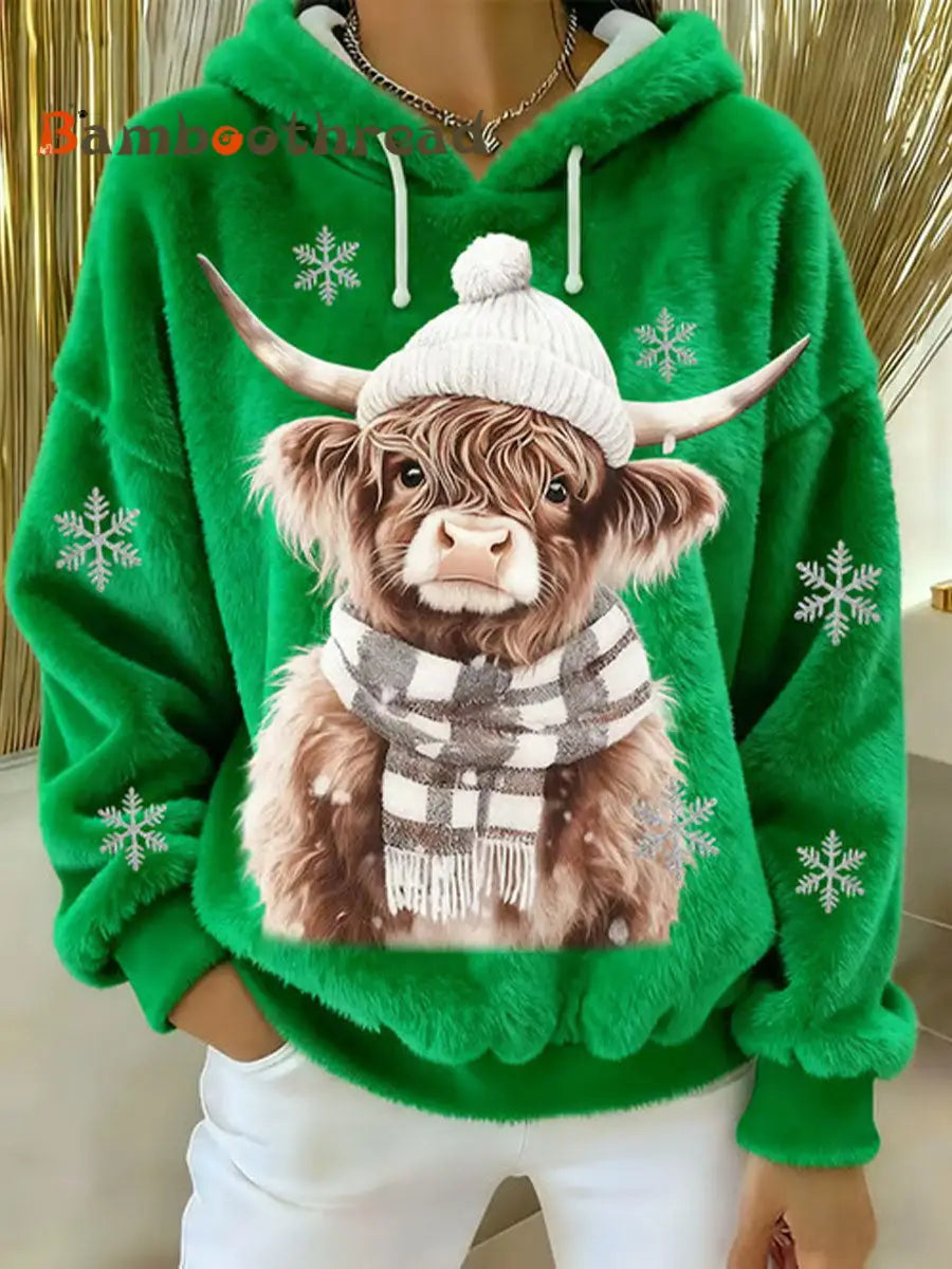 Women’s Highland Cow Art Print Casual Hoodie Green / S