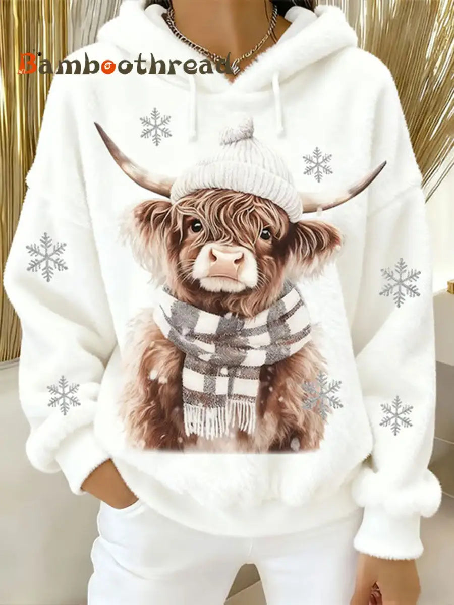 Women’s Highland Cow Art Print Casual Hoodie White / S
