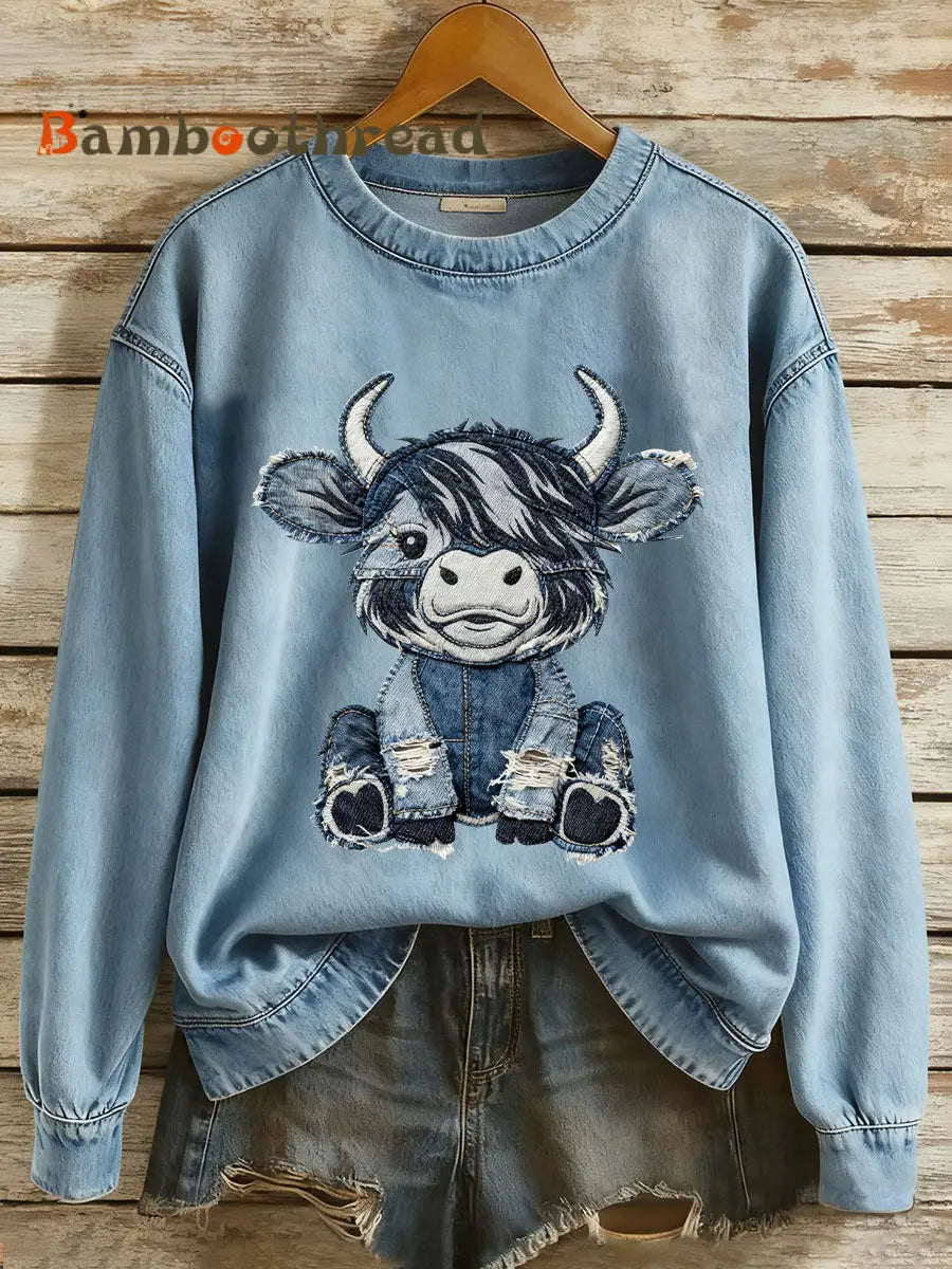 Women’s Highland Cow Art Print Casual Sports Shirt Blue / S