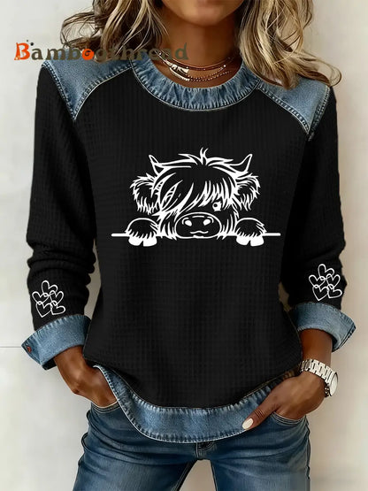 Women’s Highland Cow Art Print Casual Top Black / S