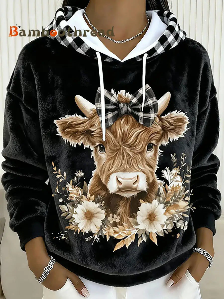 Women’s Highland Cow Art Print Casual Top Black / S