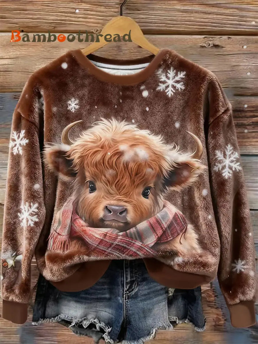 Women’s Highland Cow Art Print Casual Top Brown / S