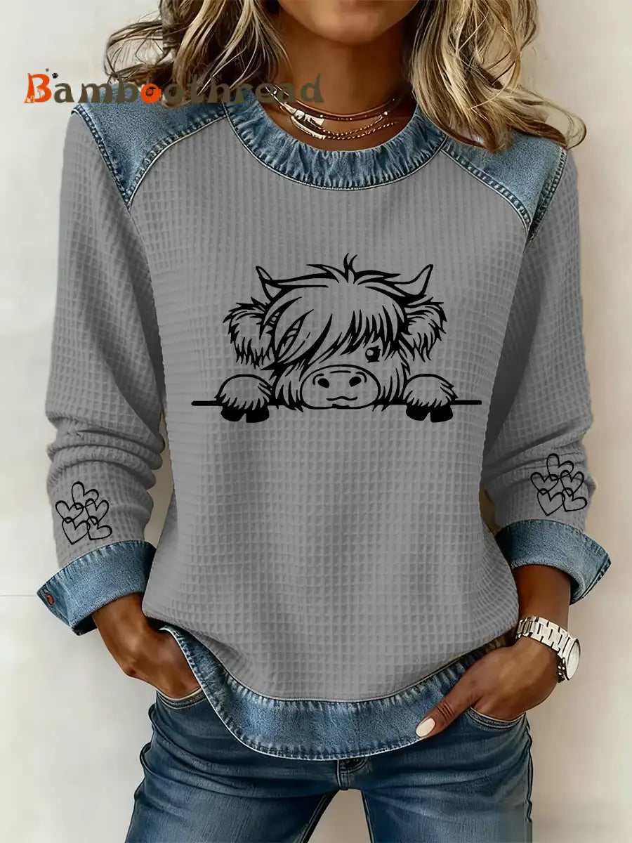 Women’s Highland Cow Art Print Casual Top Gray / S