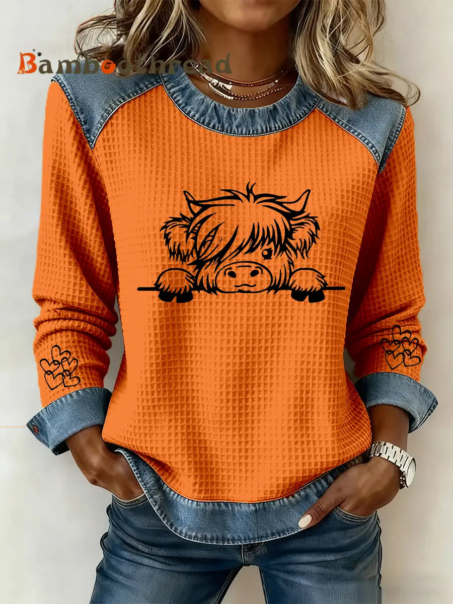 Women’s Highland Cow Art Print Casual Top Orange / S