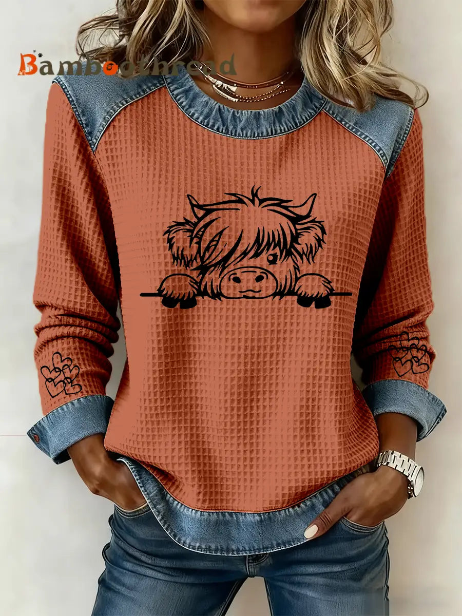 Women’s Highland Cow Art Print Casual Top Pumpkin Orange / S