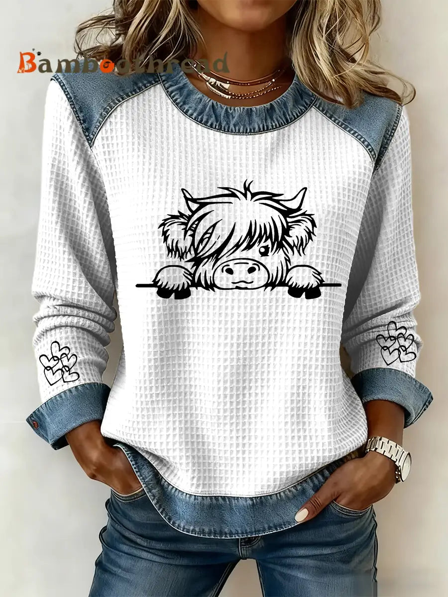 Women’s Highland Cow Art Print Casual Top White / S